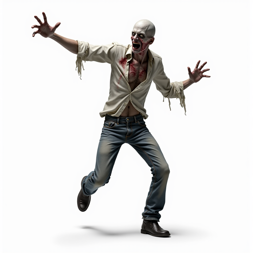 A zombie in a white shirt and jeans runs toward the camera A zombie in a white shirt and jeans runs toward the camera