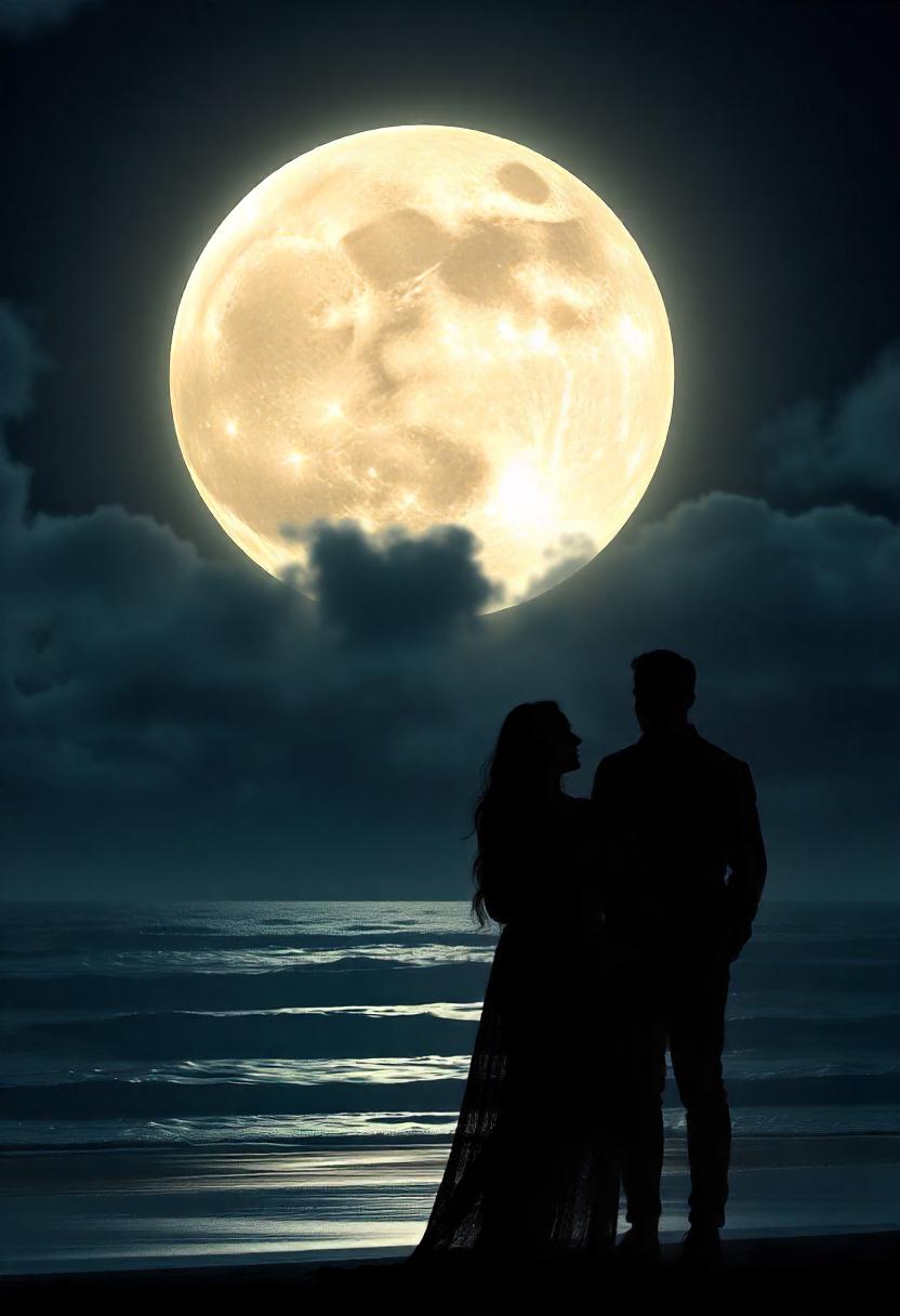 A couple stands silhouetted against a full moon on a beach A couple stands silhouetted against a full moon on a beach