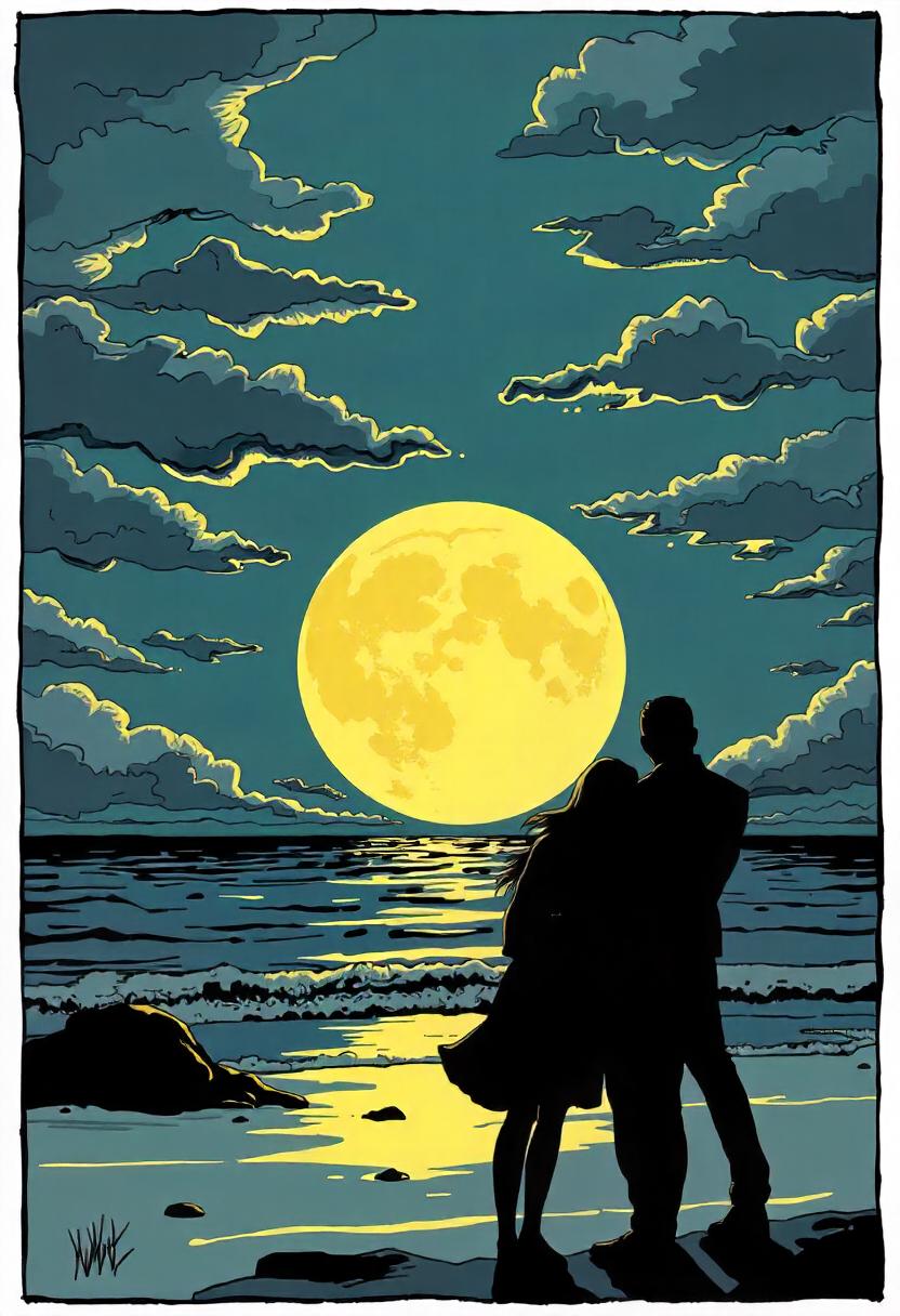 A couple enjoys the full moon on a beach at night A couple enjoys the full moon on a beach at night