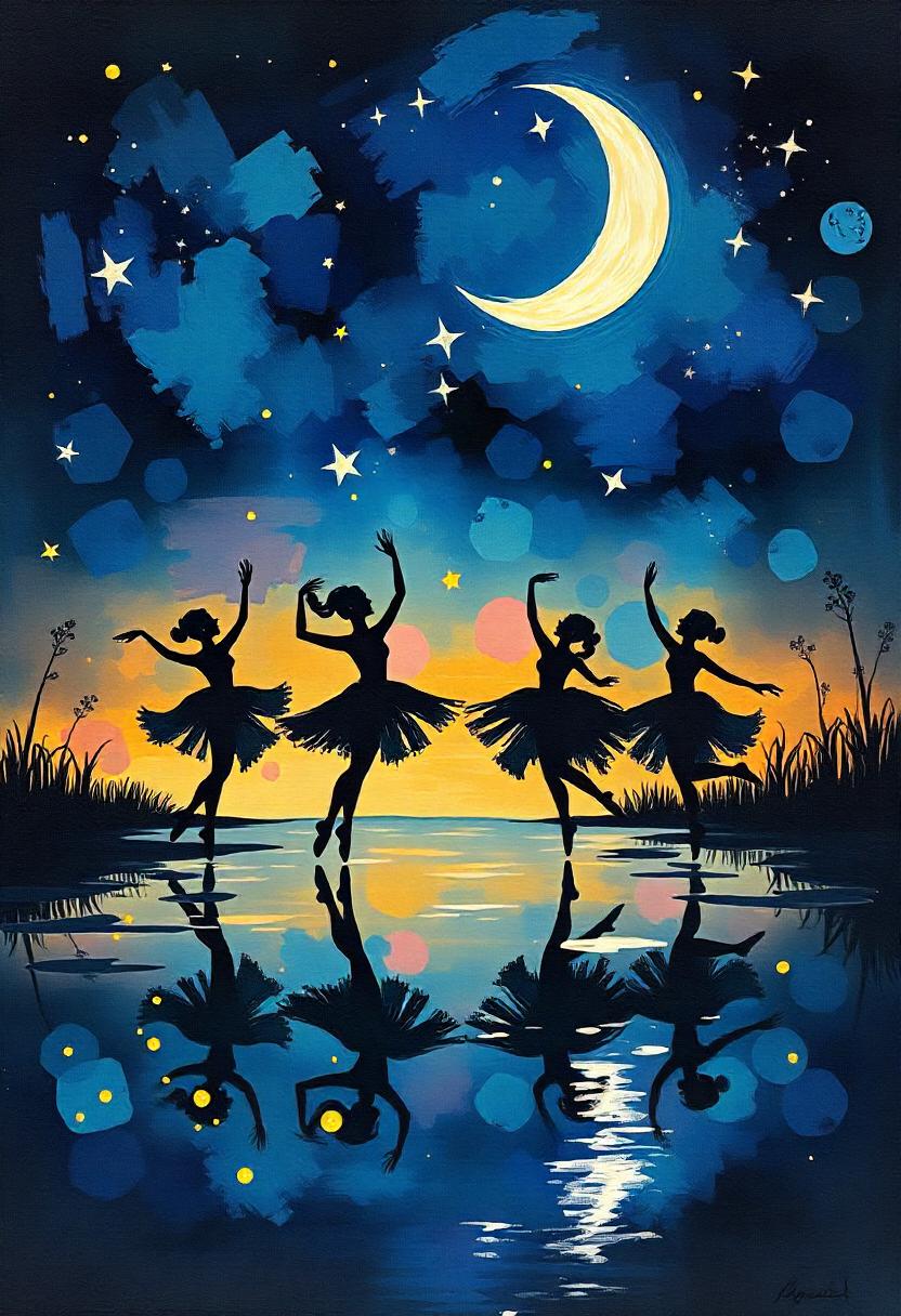 Four ballerinas dance under a crescent moon and starry sky Four ballerinas dance under a crescent moon and starry sky
