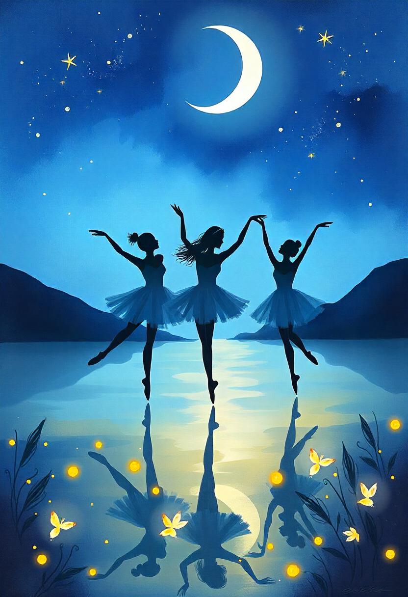 Three ballerinas dance under a crescent moon Three ballerinas dance under a crescent moon