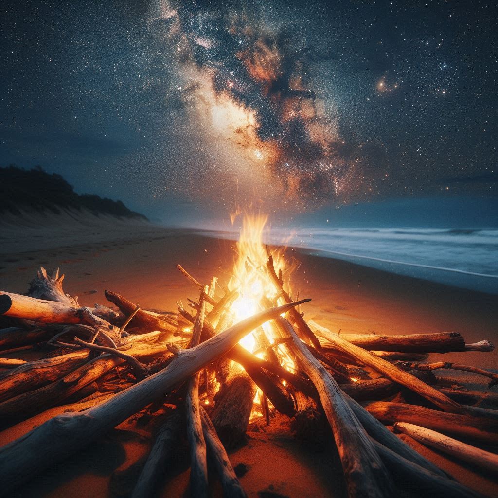 A crackling fire burns bright on a beach under a starry sky A crackling fire burns bright on a beach under a starry sky
