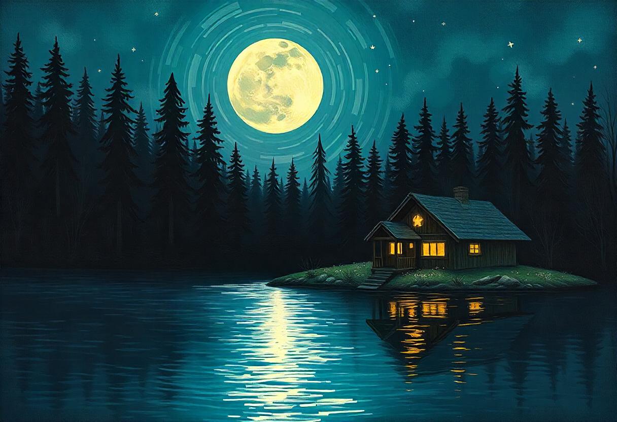 A cabin sits on a small island in a moonlit lake A cabin sits on a small island in a moonlit lake