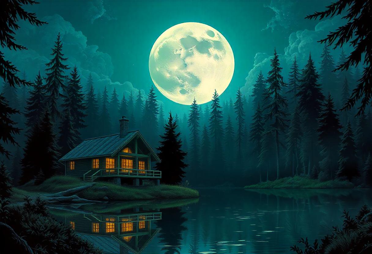 A cozy cabin sits by a lake under a full moon A cozy cabin sits by a lake under a full moon