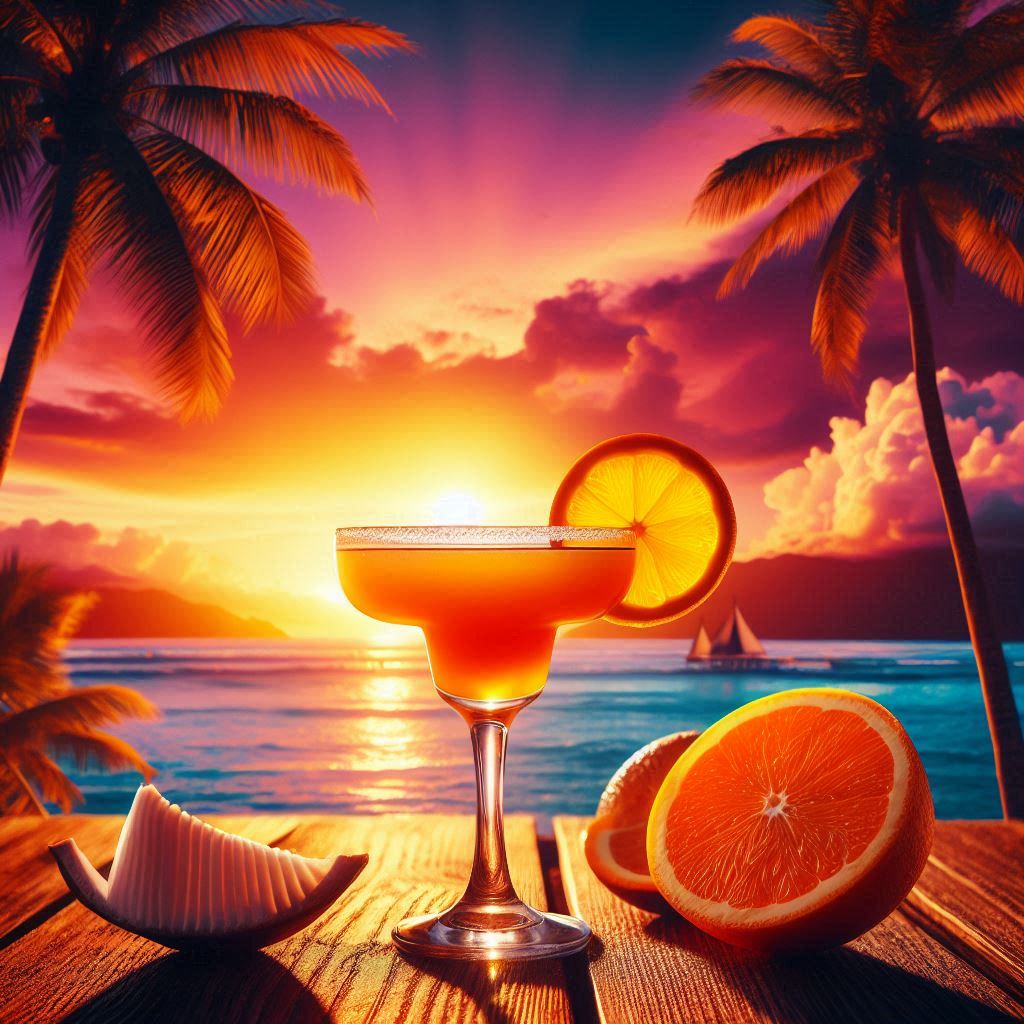 A sunset cocktail on a tropical beach A sunset cocktail on a tropical beach