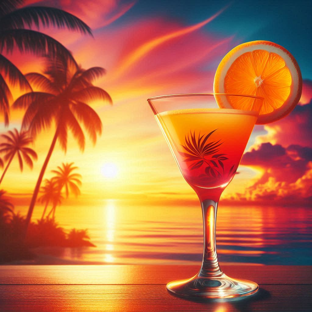 A cocktail sits on a table with a sunset over the ocean A cocktail sits on a table with a sunset over the ocean