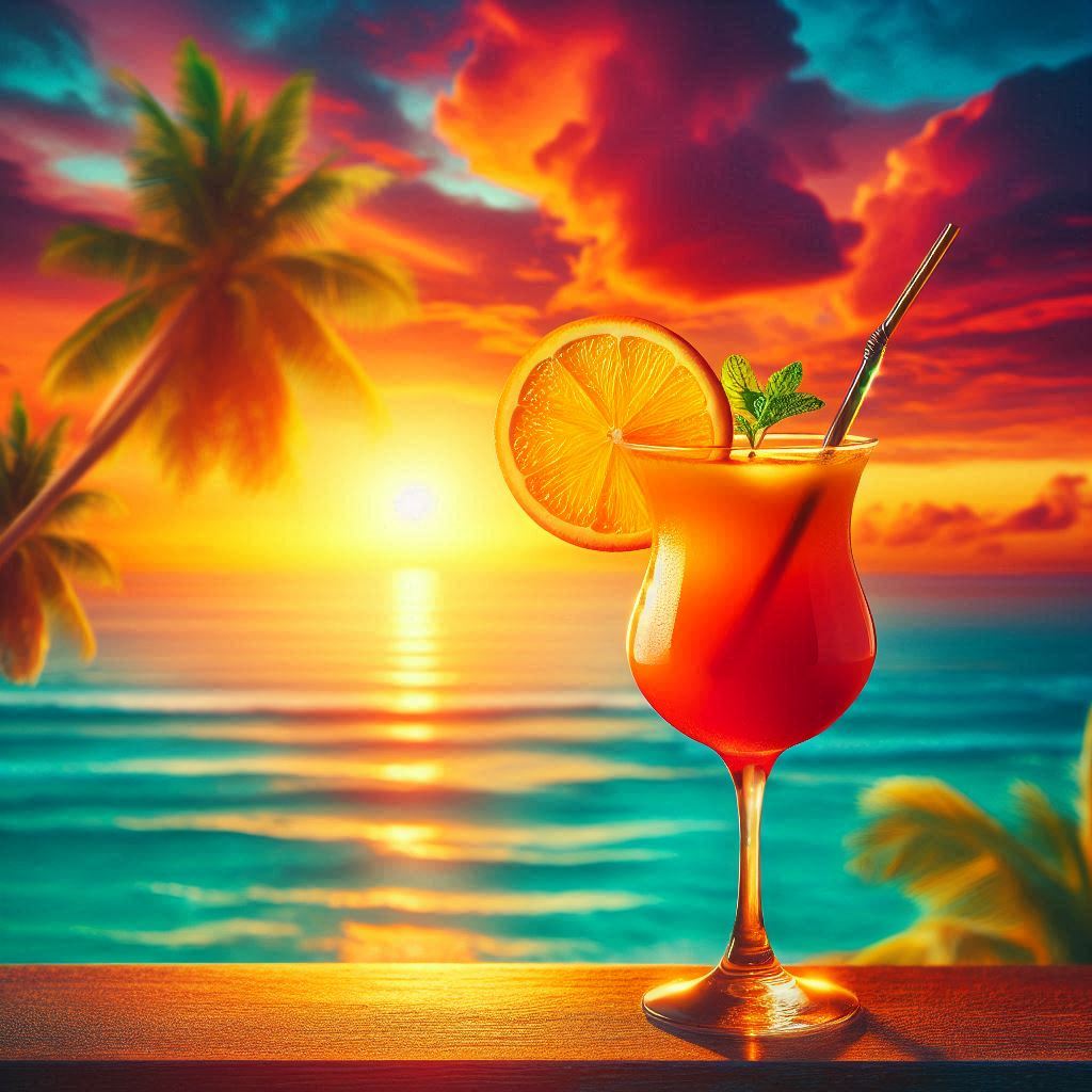 A tropical cocktail at sunset on a beach A tropical cocktail at sunset on a beach