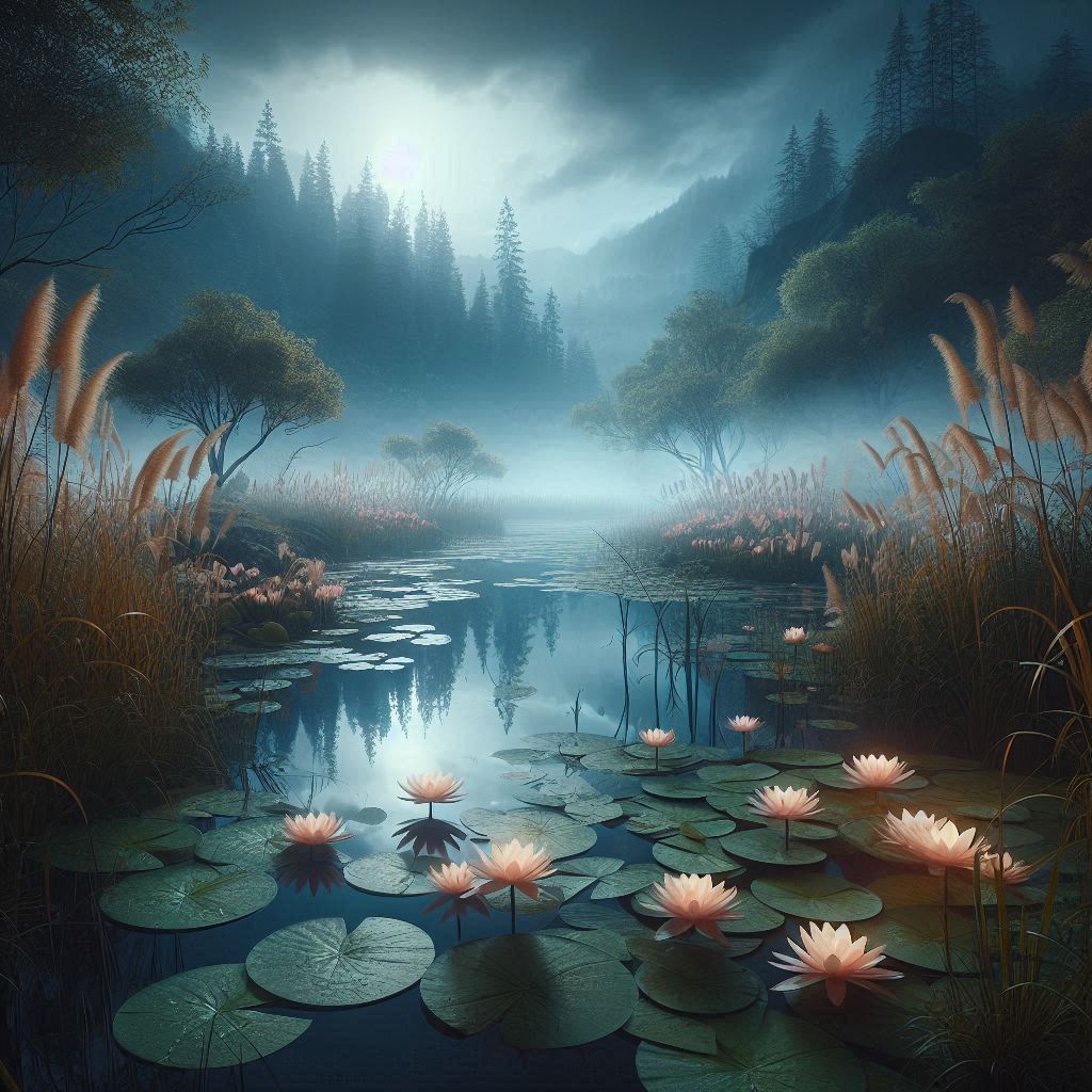 Water lilies bloom in a misty forest lake Water lilies bloom in a misty forest lake