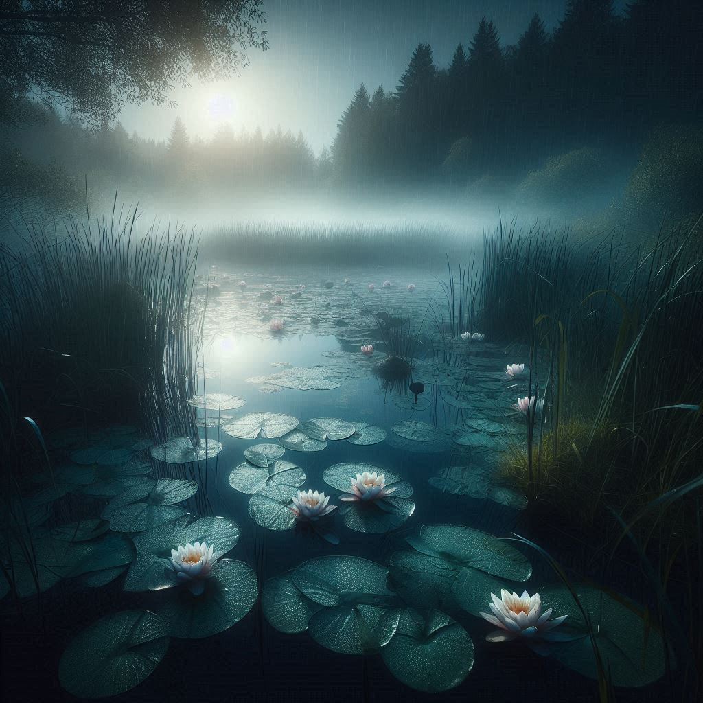 White water lilies bloom on a misty lake at dawn White water lilies bloom on a misty lake at dawn