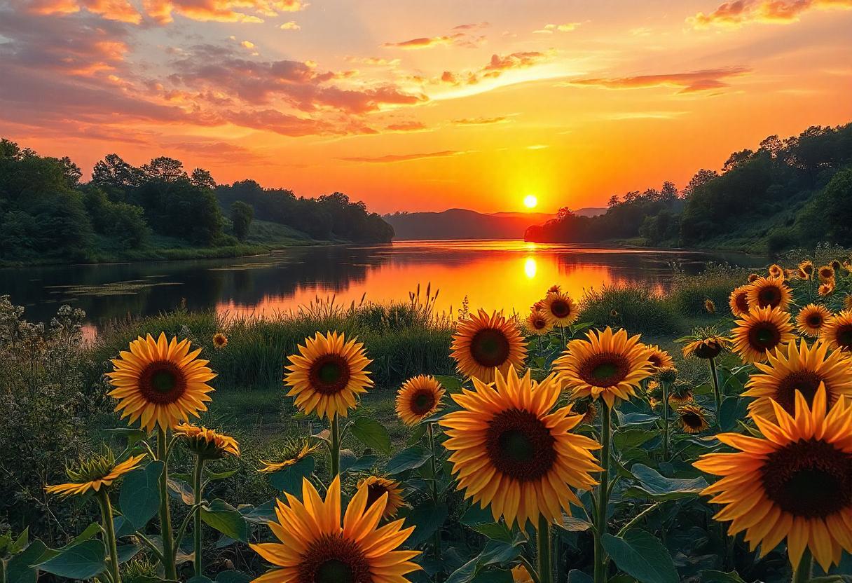 Sunflowers bloom in the evening light near a lake Sunflowers bloom in the evening light near a lake