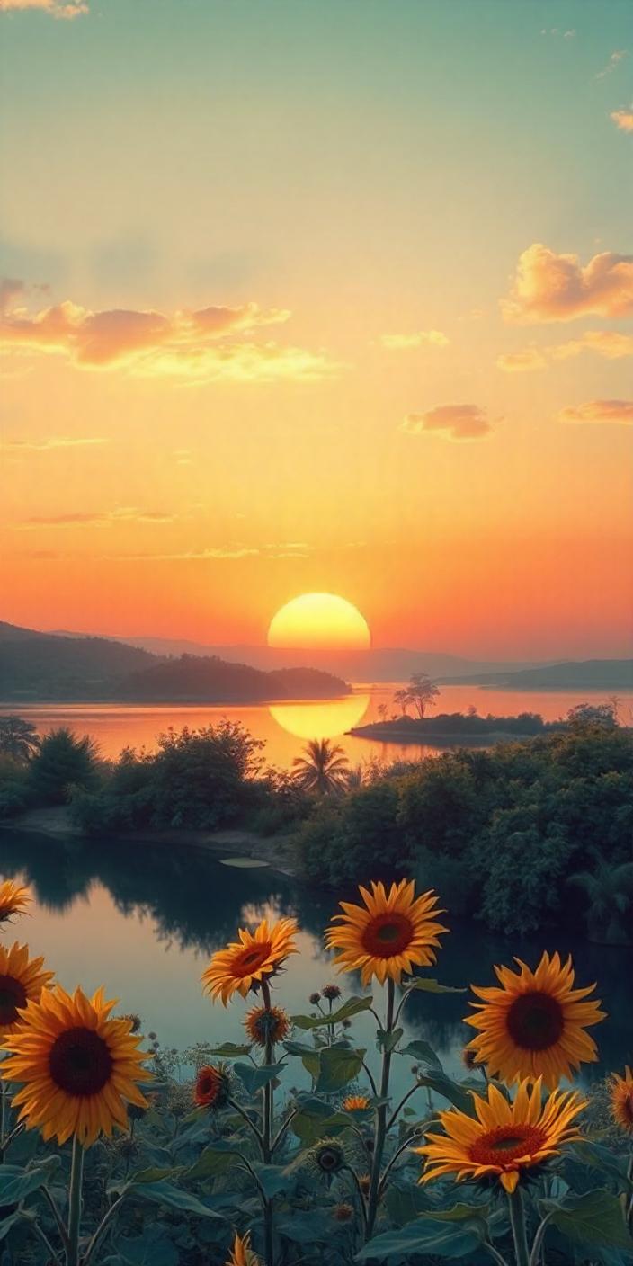 Sunflowers bloom at sunset over a calm lake Sunflowers bloom at sunset over a calm lake