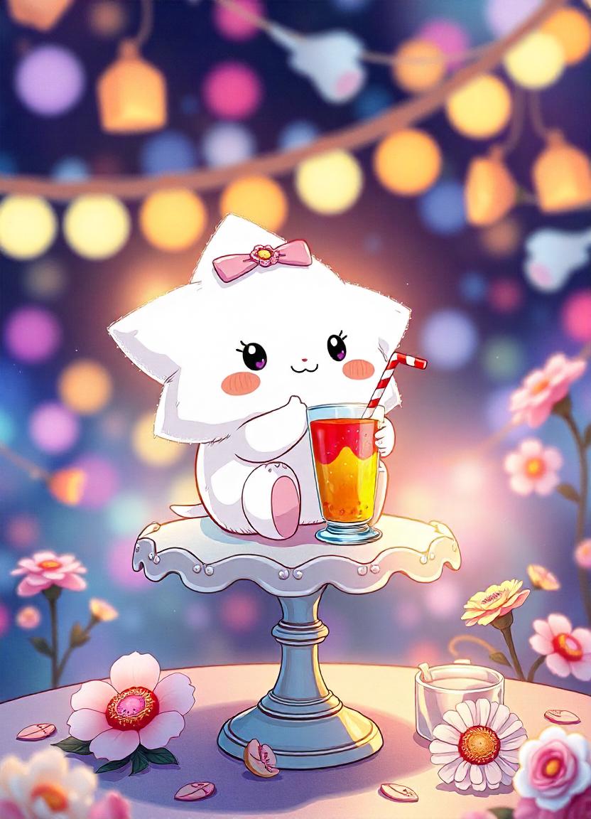 Star character sips a drink by fairy lights Star character sips a drink by fairy lights