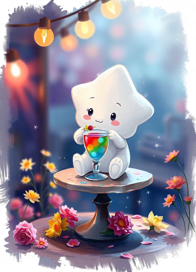 A cute star enjoys a rainbow drink under twinkling lights A cute star enjoys a rainbow drink under twinkling lights