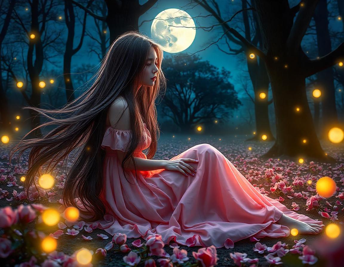 A woman in the forest at night, with fireflies A woman in the forest at night, with fireflies