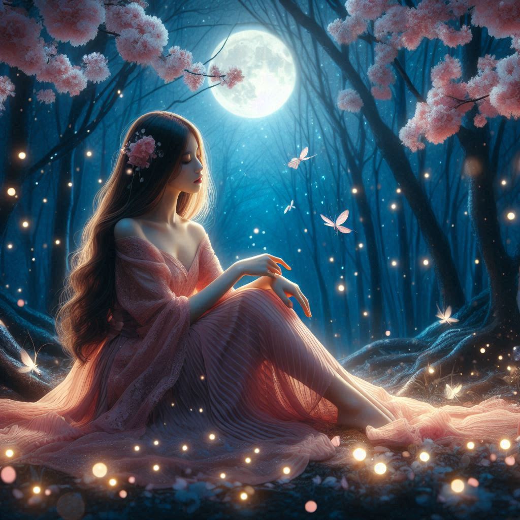 A woman sits in a forest under a full moon A woman sits in a forest under a full moon