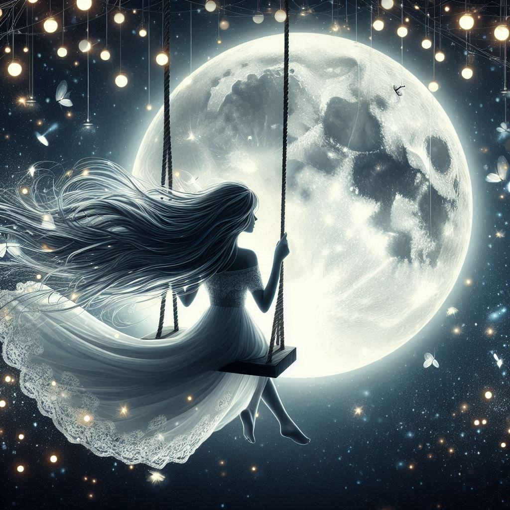 A woman swings on a swing in front of a full moon A woman swings on a swing in front of a full moon