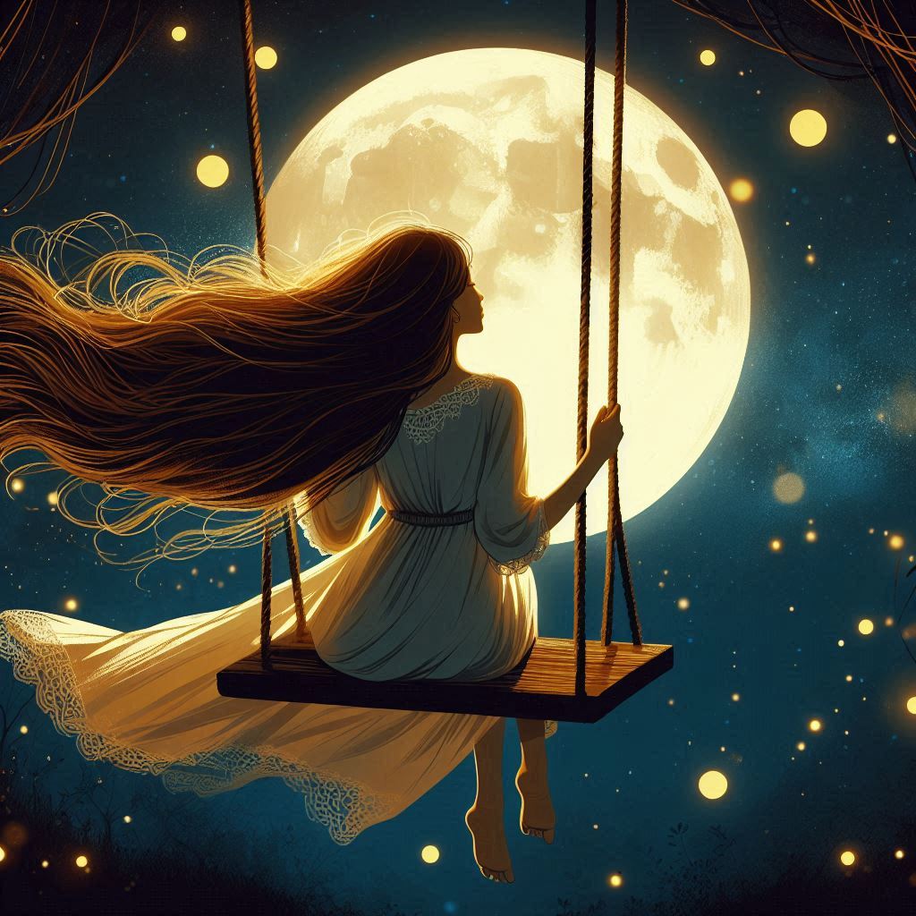 A woman swings beneath a full moon, enjoying the night A woman swings beneath a full moon, enjoying the night