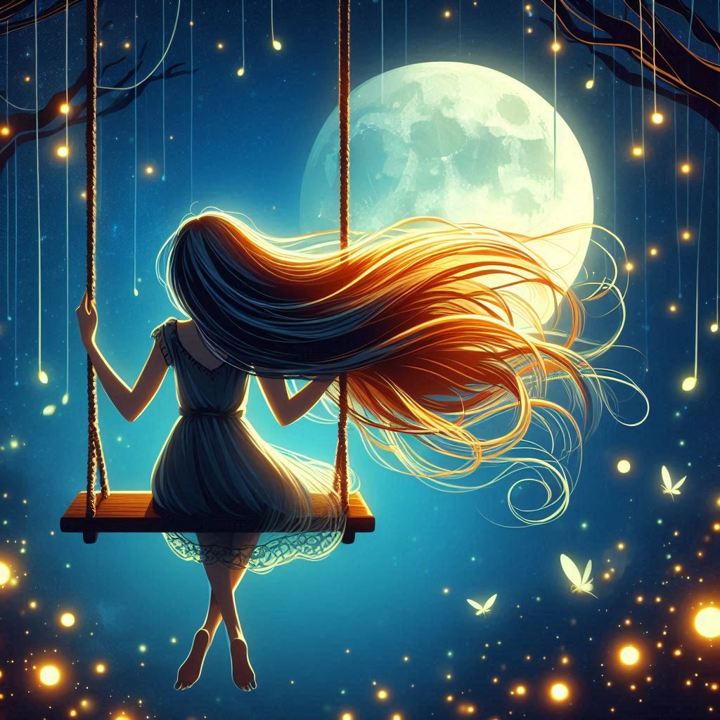 A woman swings under the full moon A woman swings under the full moon