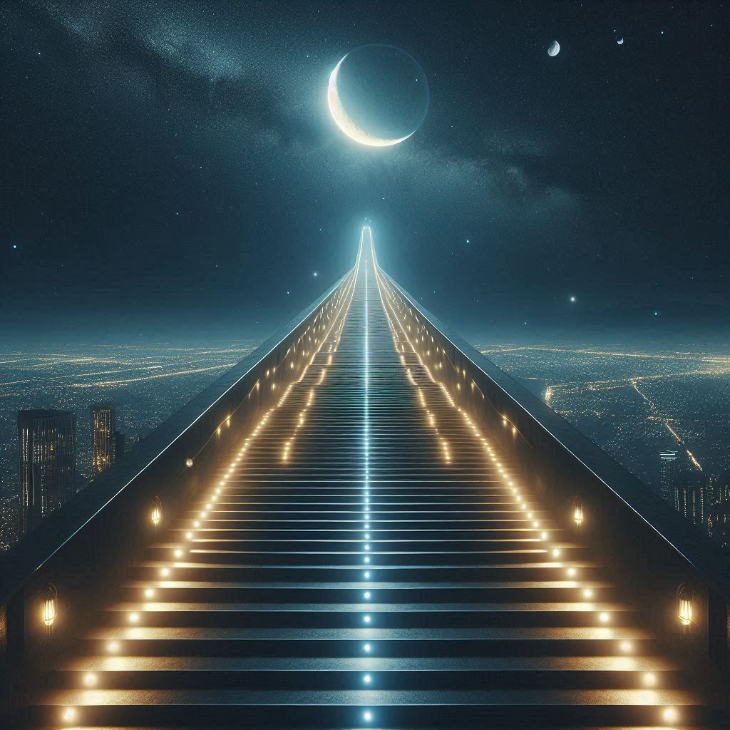 A staircase stretches to a crescent moon at night A staircase stretches to a crescent moon at night