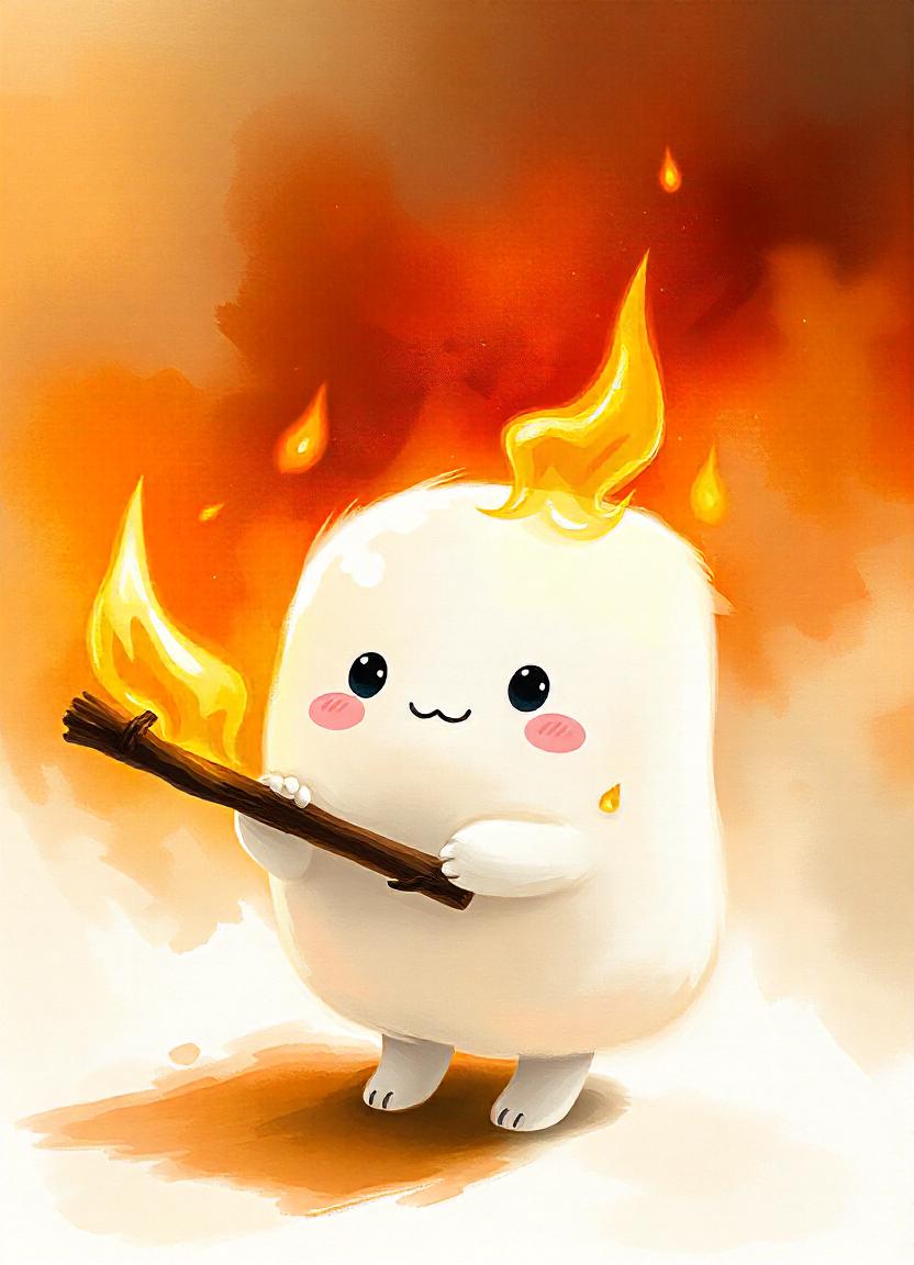 A cute white marshmallow character holding a burning stick A cute white marshmallow character holding a burning stick