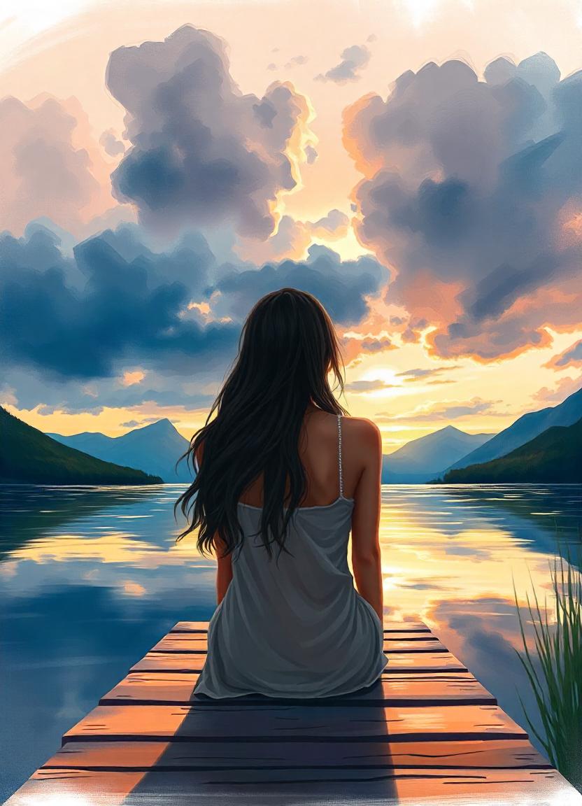 A woman sits on a dock overlooking a lake at sunset A woman sits on a dock overlooking a lake at sunset