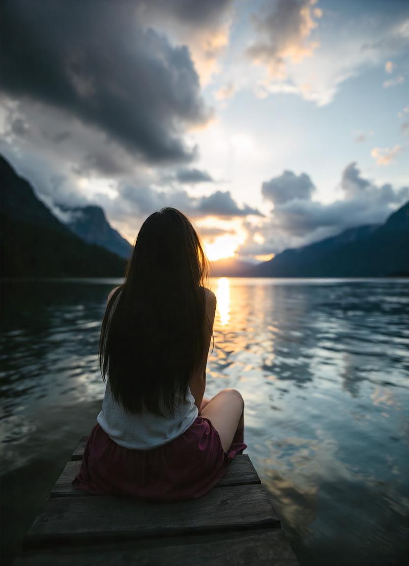 A woman sits on a dock overlooking a lake at sunset A woman sits on a dock overlooking a lake at sunset