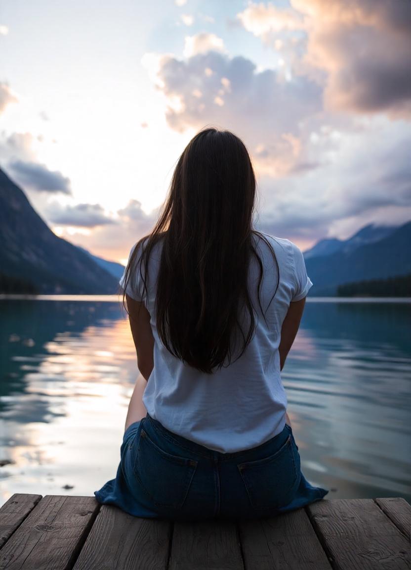 A woman sits on a dock, looking out at a lake A woman sits on a dock, looking out at a lake