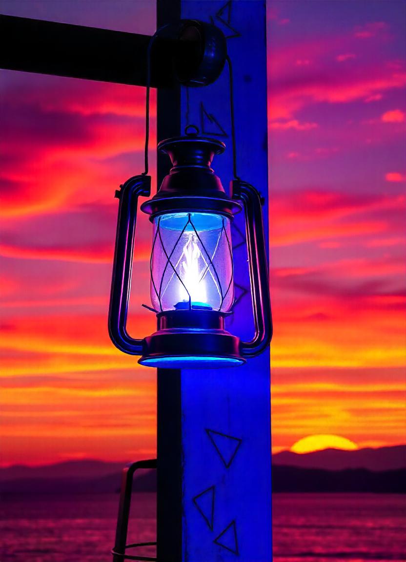 A lantern glows blue against a vibrant sunset A lantern glows blue against a vibrant sunset