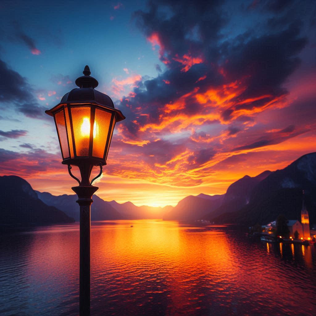 A lamppost silhouettes a stunning mountain sunset A lamppost silhouettes a stunning mountain sunset