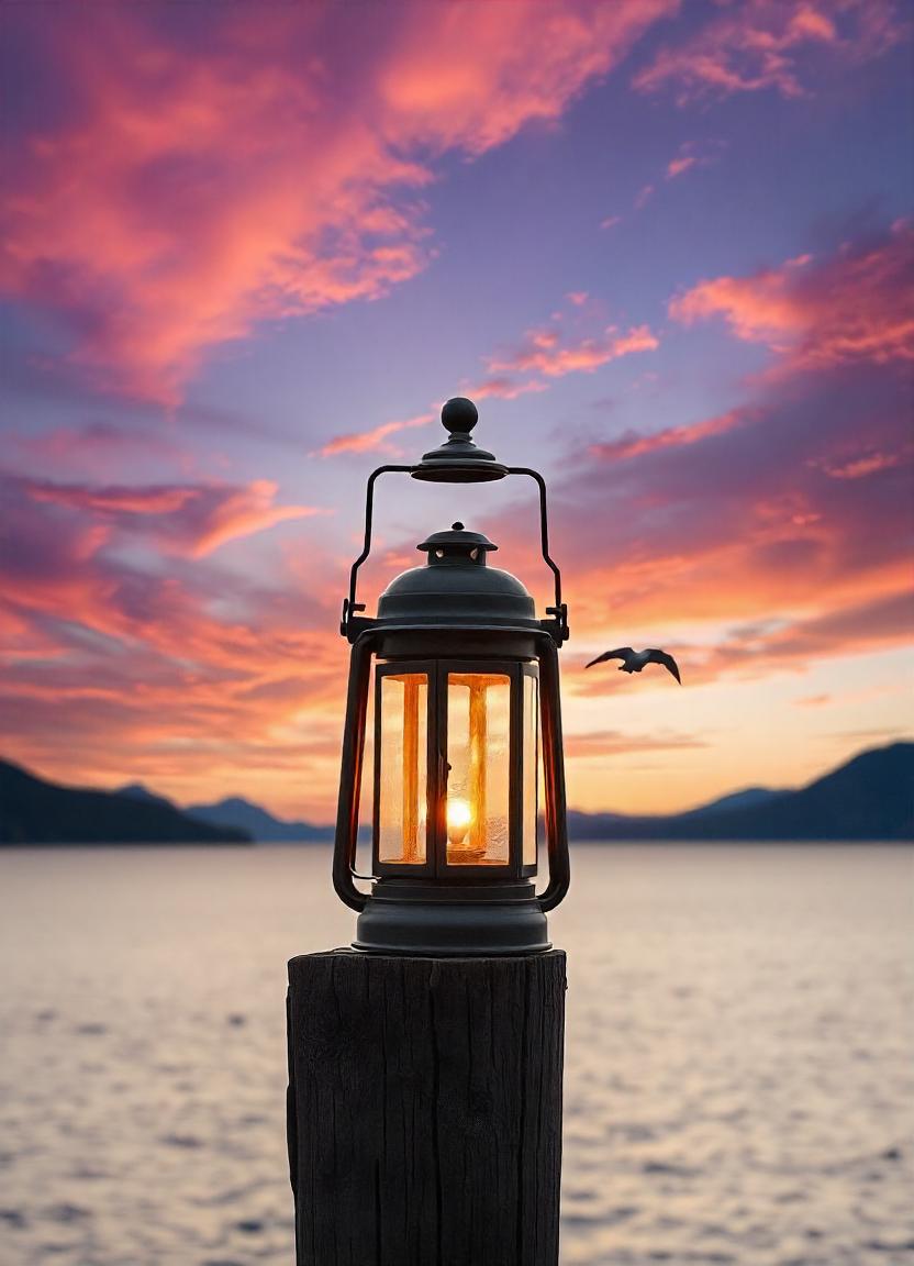 A lantern glows at sunset on a lake A lantern glows at sunset on a lake