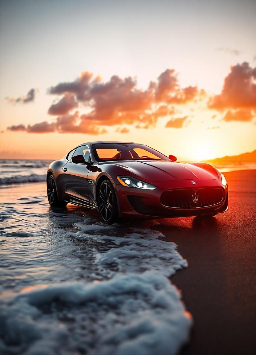 A red sports car parked on a beach at sunset A red sports car parked on a beach at sunset