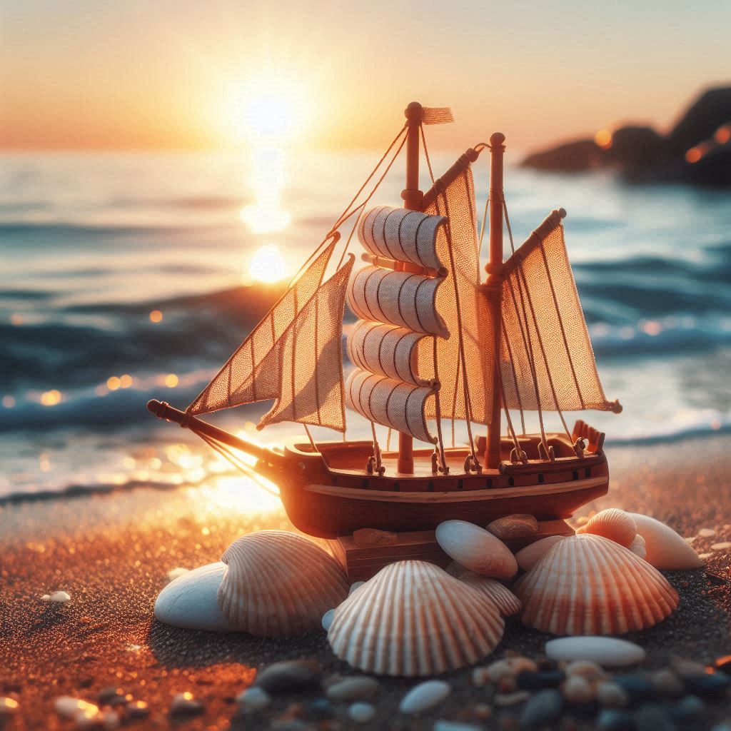 A small sailboat sits on seashells at sunset A small sailboat sits on seashells at sunset