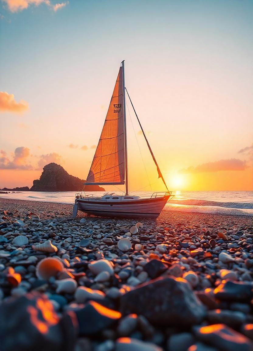 A sailboat sits on a pebble beach at sunset A sailboat sits on a pebble beach at sunset