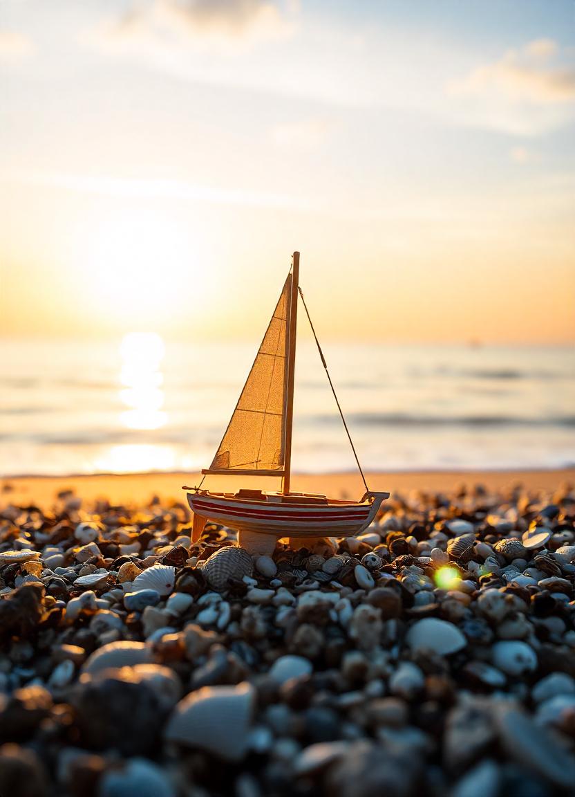 A small sailboat sits on a pebbled beach at sunset A small sailboat sits on a pebbled beach at sunset