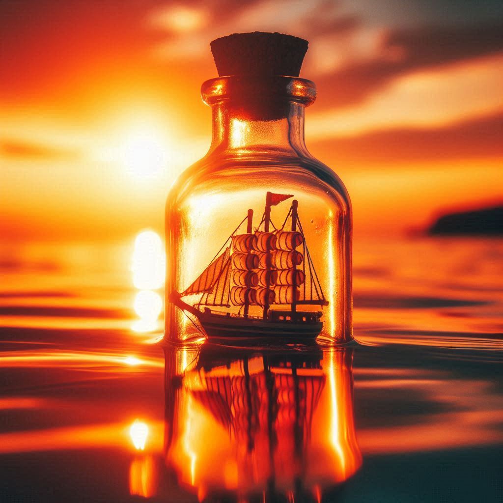 A small ship in a bottle floats on the water at sunset A small ship in a bottle floats on the water at sunset