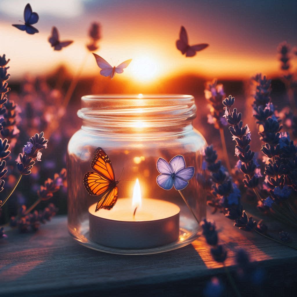 A candle glows in a jar with butterflies during a sunset A candle glows in a jar with butterflies during a sunset