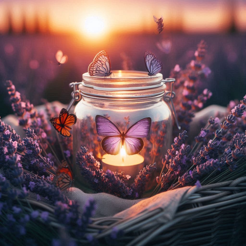 Purple butterfly in a jar, candlelit with lavender Purple butterfly in a jar, candlelit with lavender