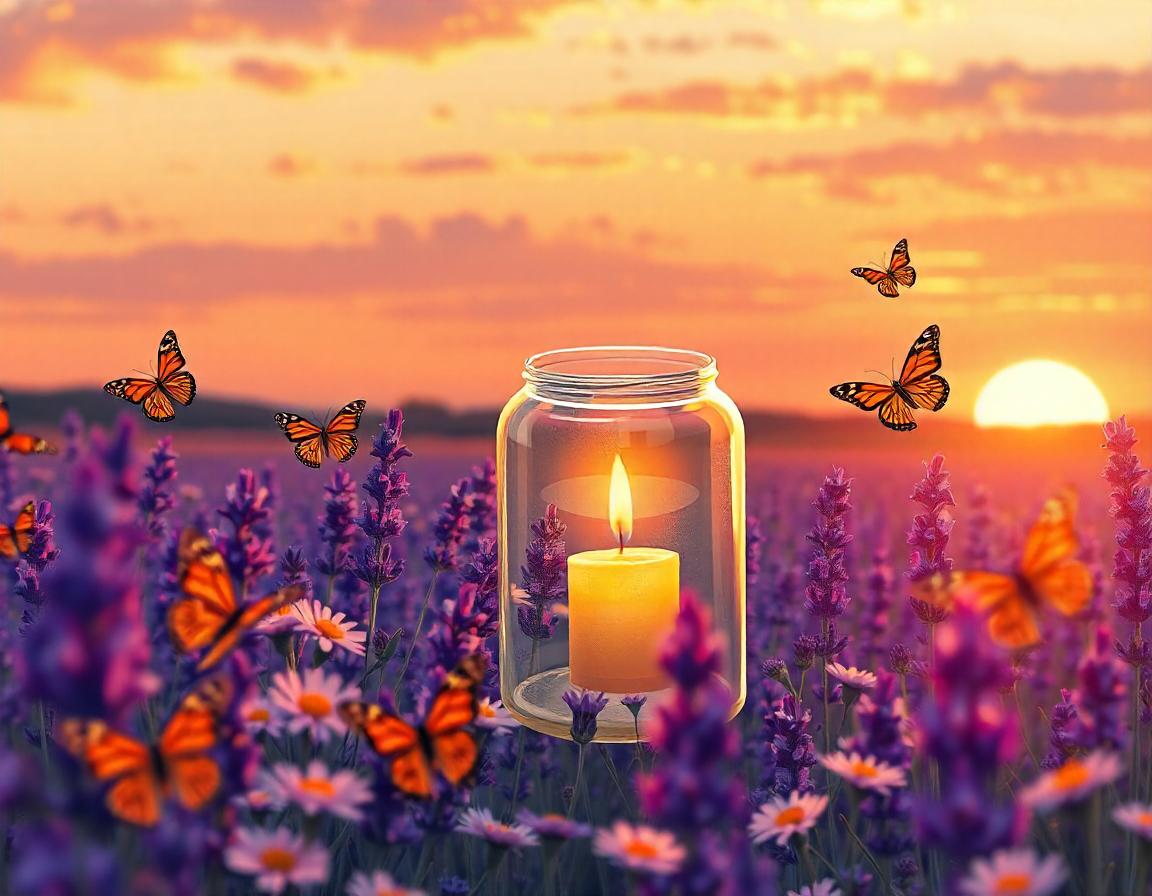 Candle in a jar with lavender and butterflies at sunset Candle in a jar with lavender and butterflies at sunset