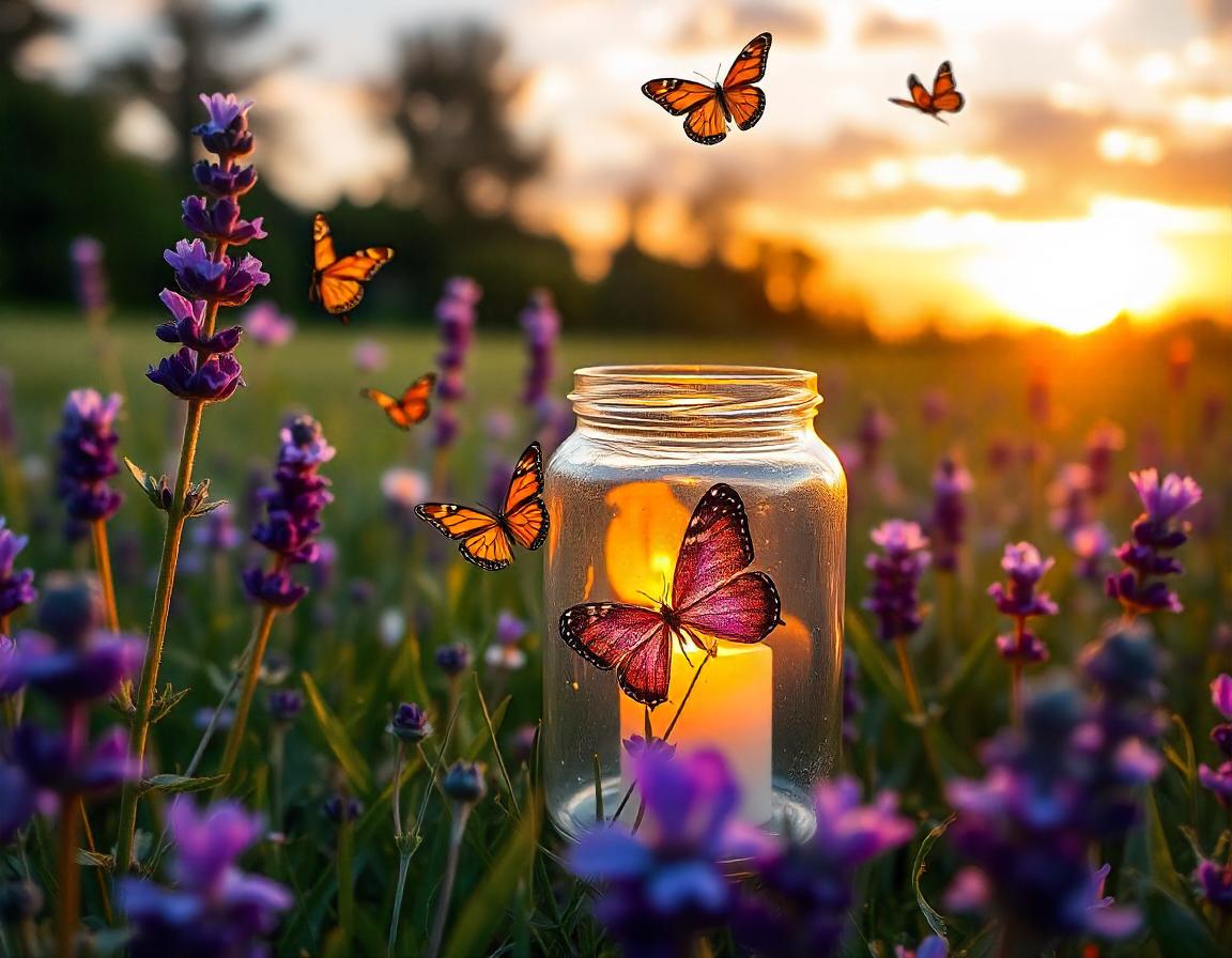 Butterflies fly around a candle in a jar Butterflies fly around a candle in a jar