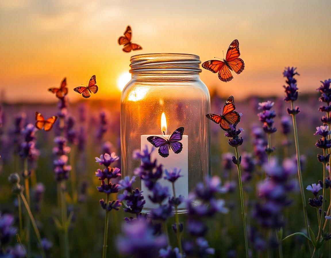 Candle in jar among purple flowers at sunset Candle in jar among purple flowers at sunset