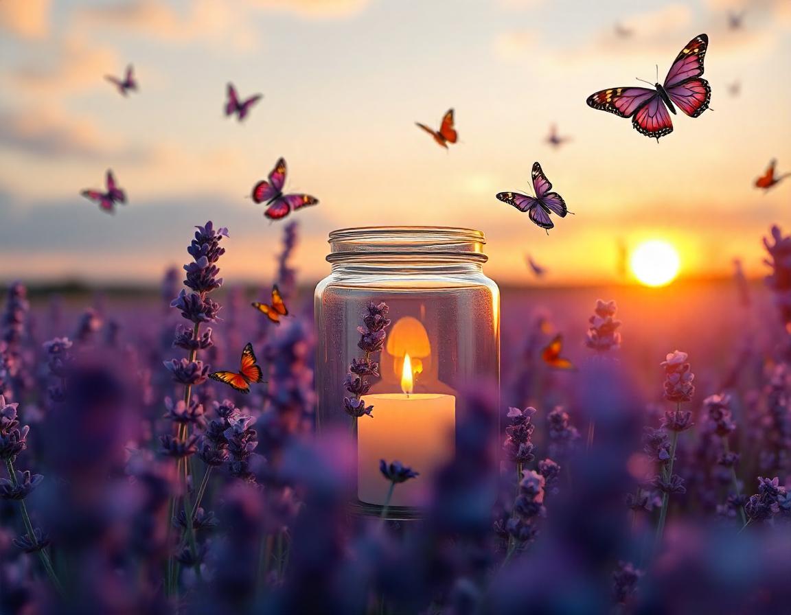 Butterflies soar over a candle in lavender at dusk Butterflies soar over a candle in lavender at dusk