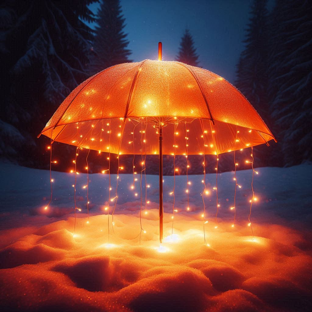 An orange umbrella sits in a snowy forest at night An orange umbrella sits in a snowy forest at night