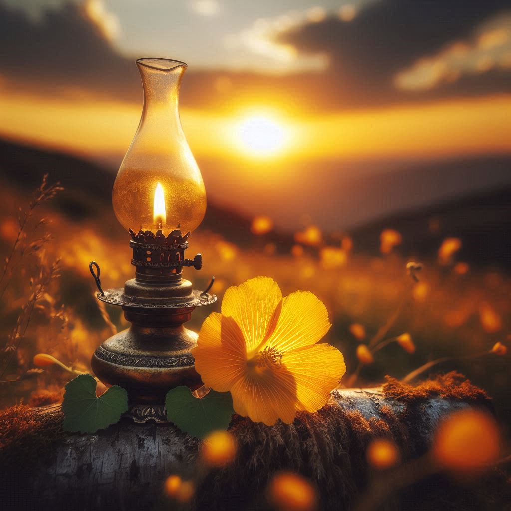 A lit oil lamp sits on a log at sunset A lit oil lamp sits on a log at sunset