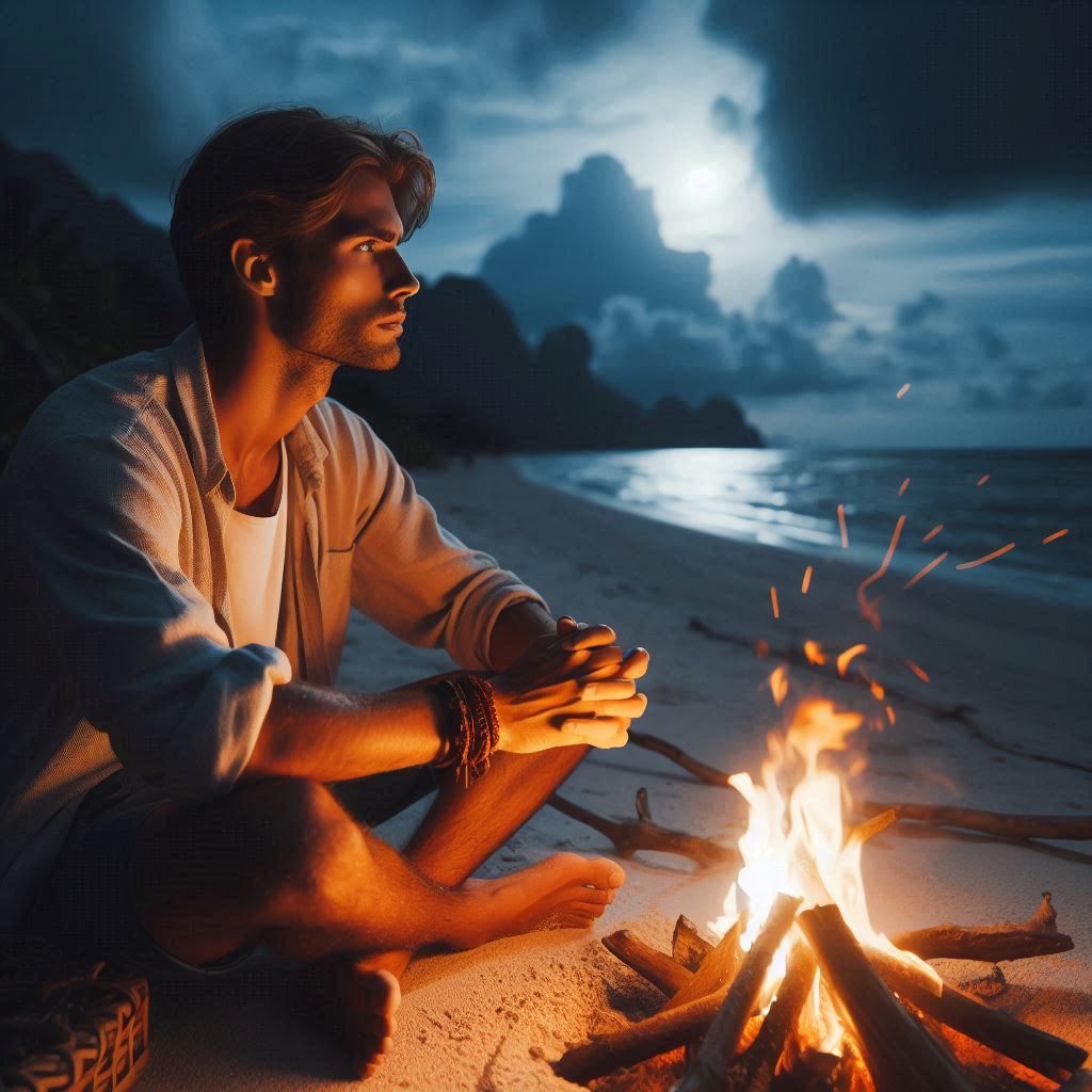 A man sits by a bonfire on a beach at night A man sits by a bonfire on a beach at night