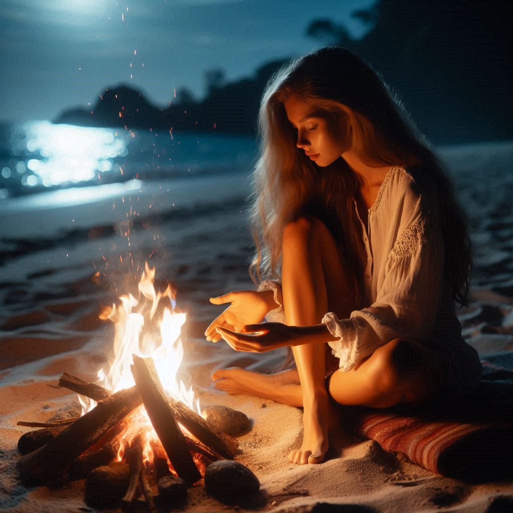A woman warms her hands by a bonfire on a beach at night