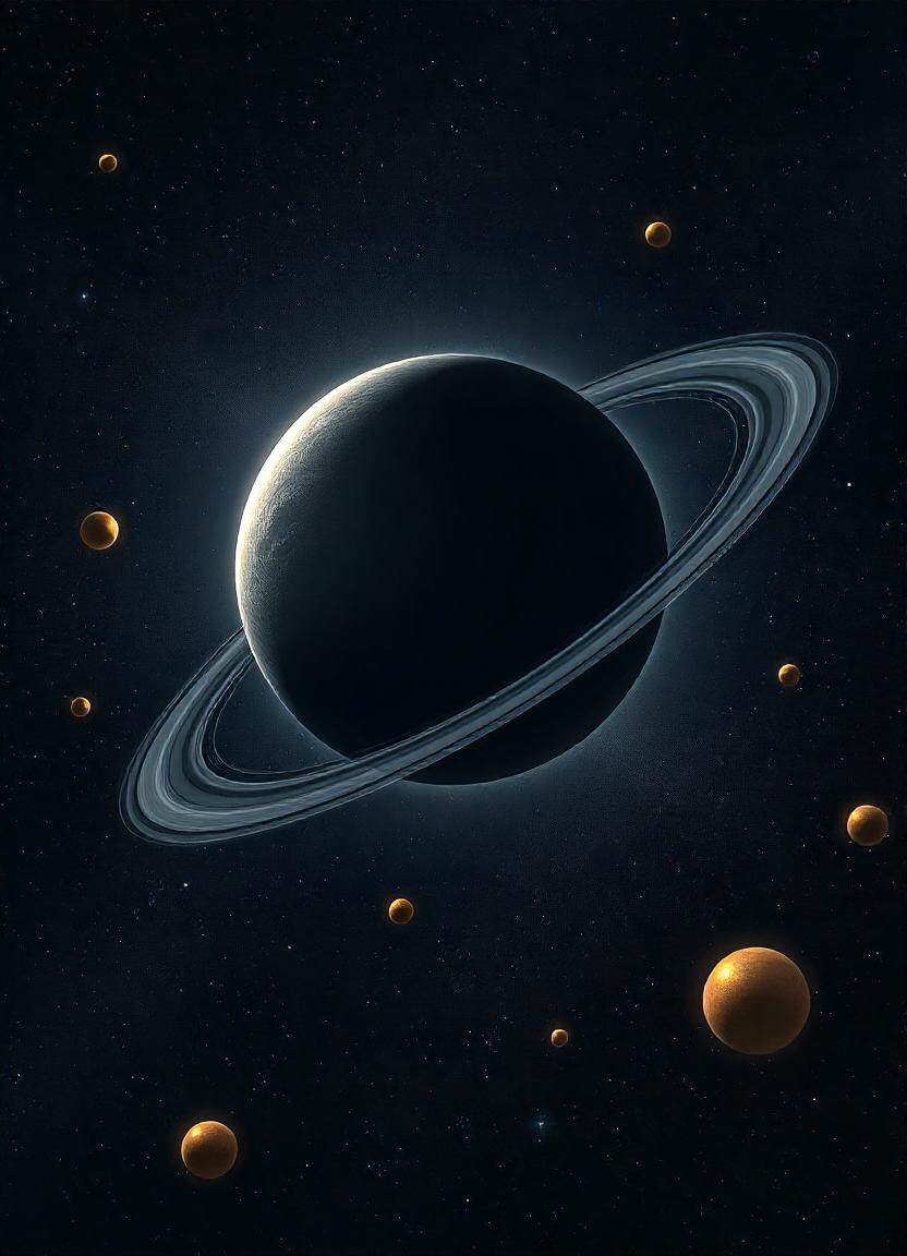 A large planet with rings orbits in a dark space A large planet with rings orbits in a dark space
