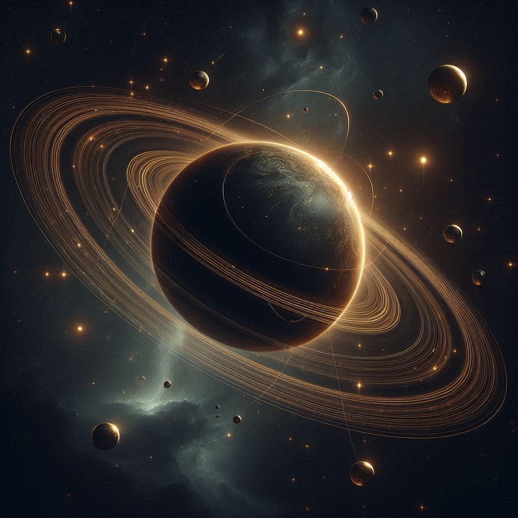 A planet with gold rings glows in the darkness of space A planet with gold rings glows in the darkness of space