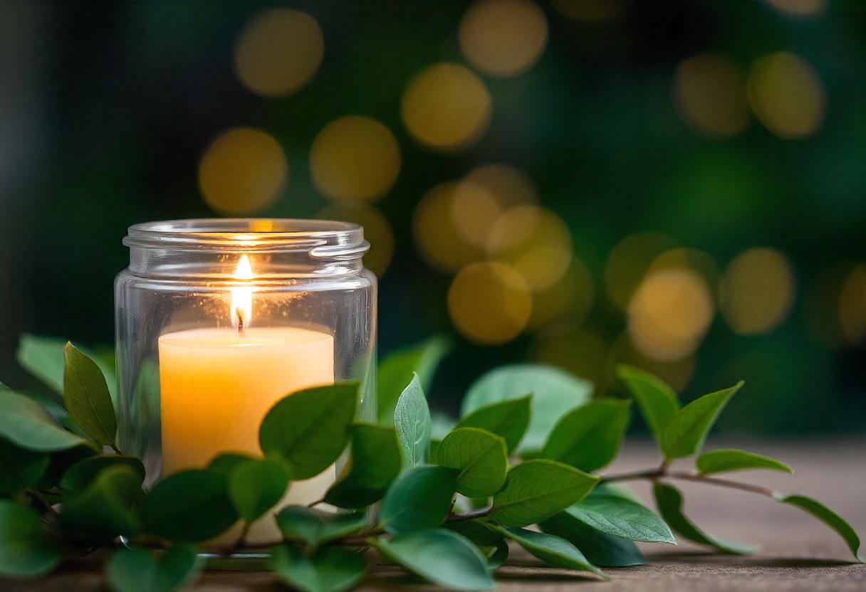 A candle burns brightly in a jar surrounded by green leaves A candle burns brightly in a jar surrounded by green leaves