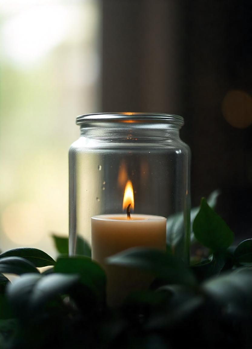 A single candle burns brightly inside a glass jar A single candle burns brightly inside a glass jar