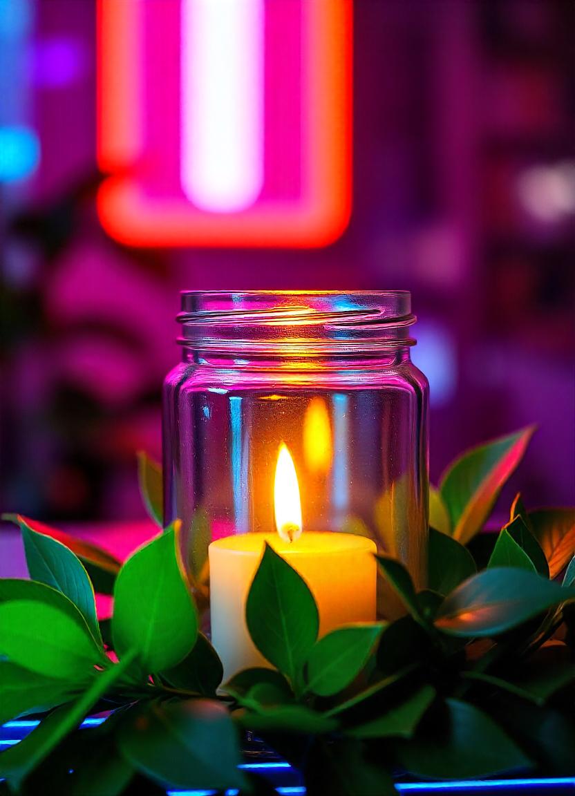 A candle glows inside a glass jar surrounded by greenery A candle glows inside a glass jar surrounded by greenery